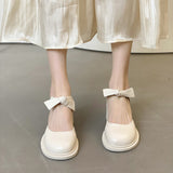 Nude Block Heel Sandals Vintage High Heels Bow Leather Shoes
