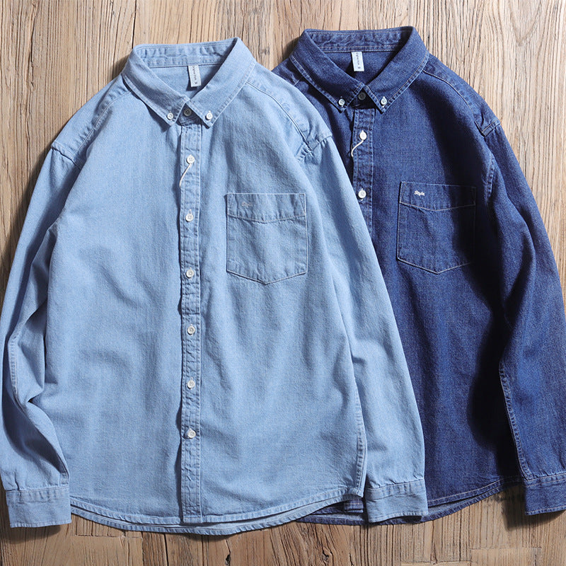 Denim Shirts Pure Cotton Water Light Blue Denim Shirt Men's Long Sleeve Loose Casual
