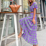 Women Bohemian Dress Women's Summer Sexy V-neck Short Sleeve Printed Dress