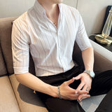 Men Shirts V-neck Striped Half Sleeve Shirt