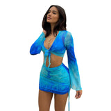 Women Top & Skirt 2 Piece Set Summer Mesh Printed Cardigan Sheath Skirt Casual Suit