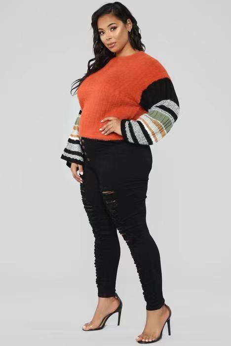 Women Plus Size Jeans Spring/Summer High Waist Elastic Ripped Jeans