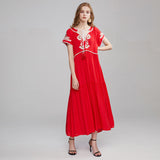 Women Dresses Bohemian Embroidered V-neck Lace-up Dress Long Dress