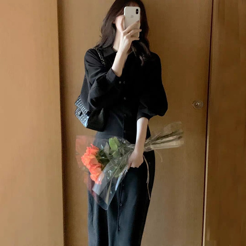 Work Dresses for Teachers Spring Vintage Temperament Waist-Controlled Slimming Shirt Dress Women's Long Dress