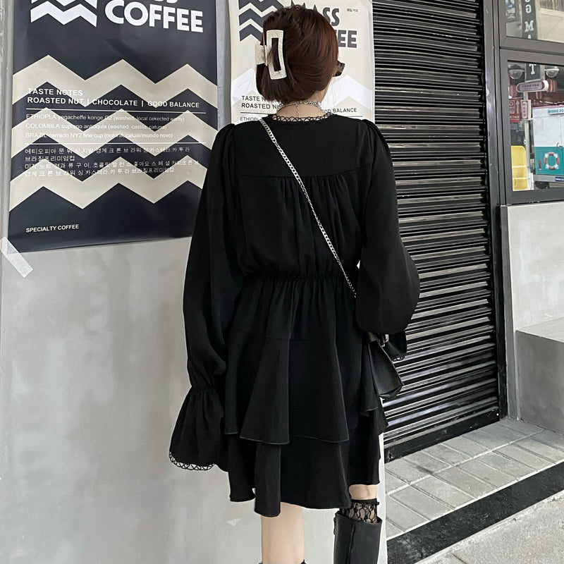 Gothic Lolita Harajuku Style Clothing Autumn Dark Lace V-neck Patchwork Dress