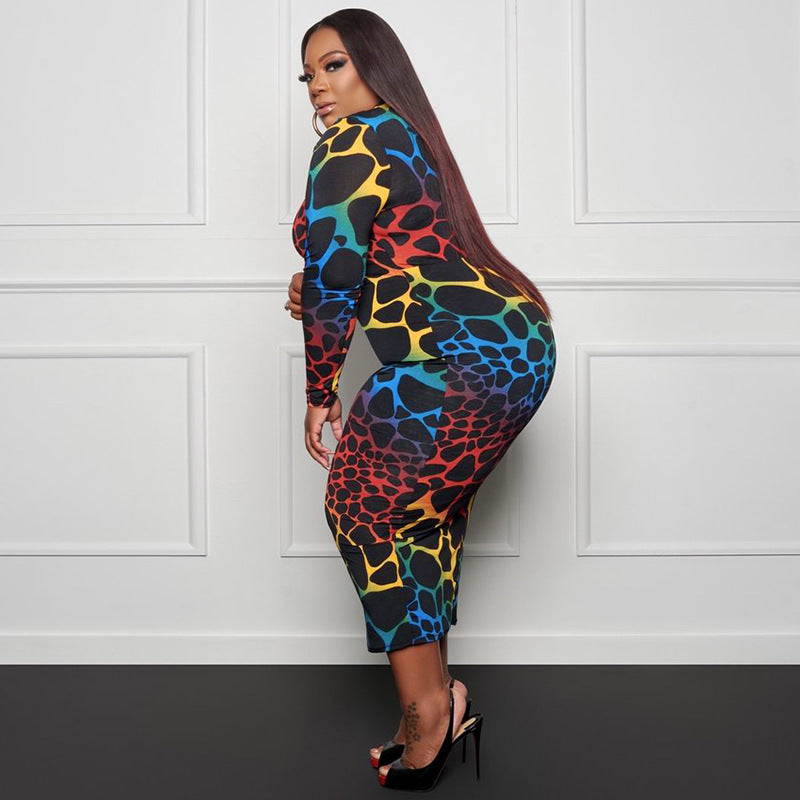 Women Plus Size Midi Dresses Printed Skinny Sheath Mid-Length Dress