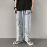 Anime Print Jeans Denim Pants Denim Loose Wide-Leg Straight Trousers Men