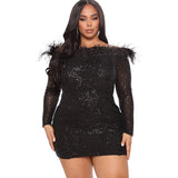 Nina Parker Dresses Large Size Sequined Elegant Slim-Fit Feather Dress