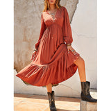 Beth Dutton Bohemian Dress Winter Autumn Midi Dresses Solid Color Stripes Lantern Sleeve Holiday Dress
