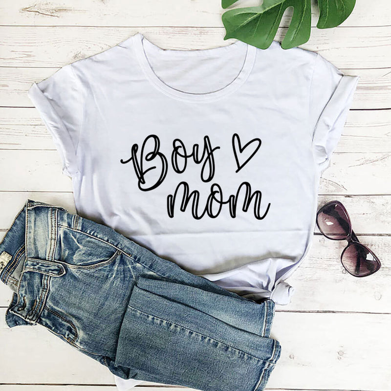 Boy Mama Hoodie Mother's Day Boy Mom Letter Heart Printing round Neck T-shirt