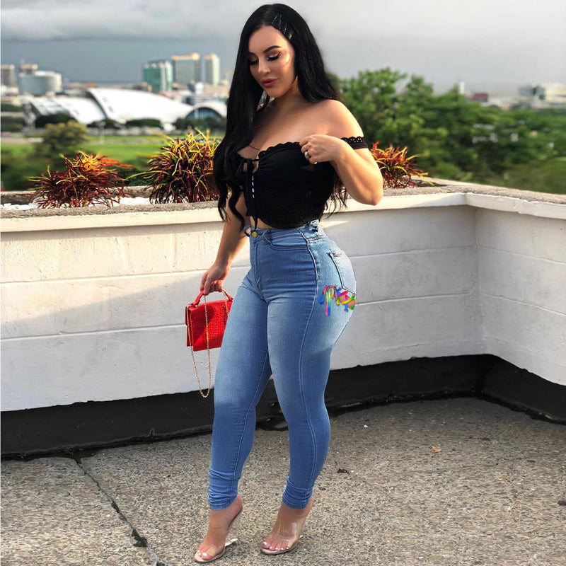 Women Plus Size Jeans Slim-Fit Lace Up Denim Skinny Pants