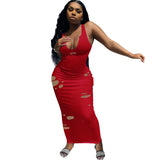 Spring and Summer Vest Deep V-neck Slim-Fit Ripped Burning Flower Sexy Dress