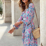 Women Bohemian Dress Women's Summer Long-Sleeve V-neck Dress