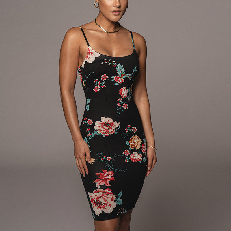 Women Summer Dresses Midi Dress Sexy Print Backless Strap Hip-Wrapped Mid-Length Skirt Dress for Women