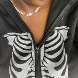Skeleton Hoodie Spring and Autumn Leisure Sweatshirt Halloween Skull Print Pullover Hooded Zip Cardigan