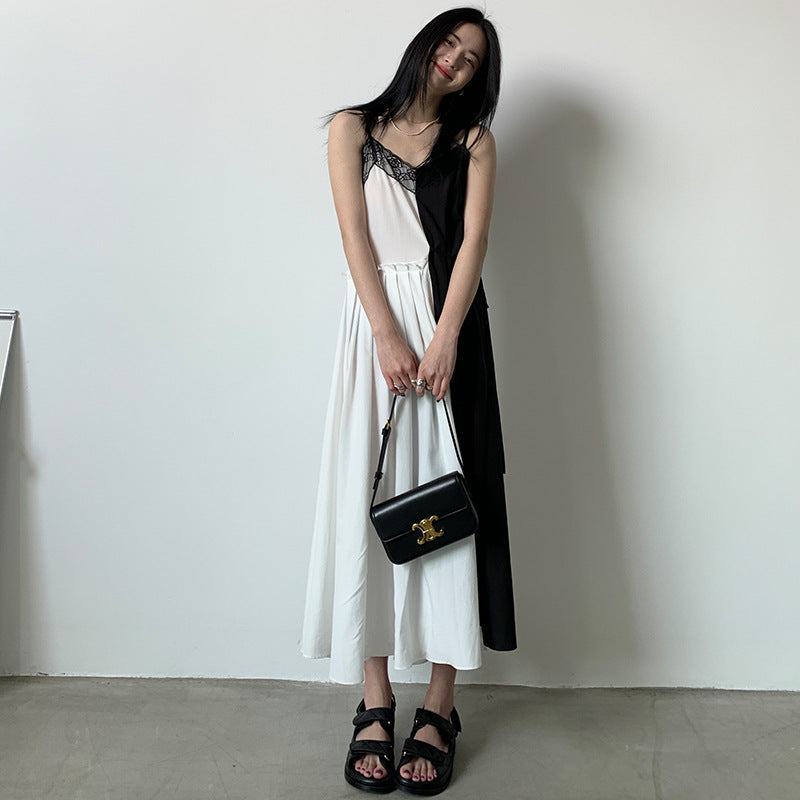 Black and White Dress French Style V-neck Loose Multicolor Suspender Dress