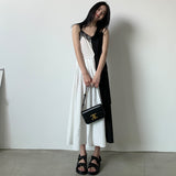 Black and White Dress French Style V-neck Loose Multicolor Suspender Dress