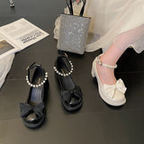 Nude Pumps Block Heel Bowknot Chunky Heel Pearl Mary Jane Leather Shoes