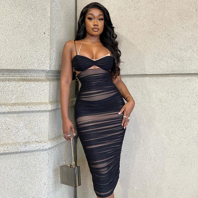 Women Summer Dresses Midi Dress Sexy Mesh Hollow-out Pleated Backless Midi Dress