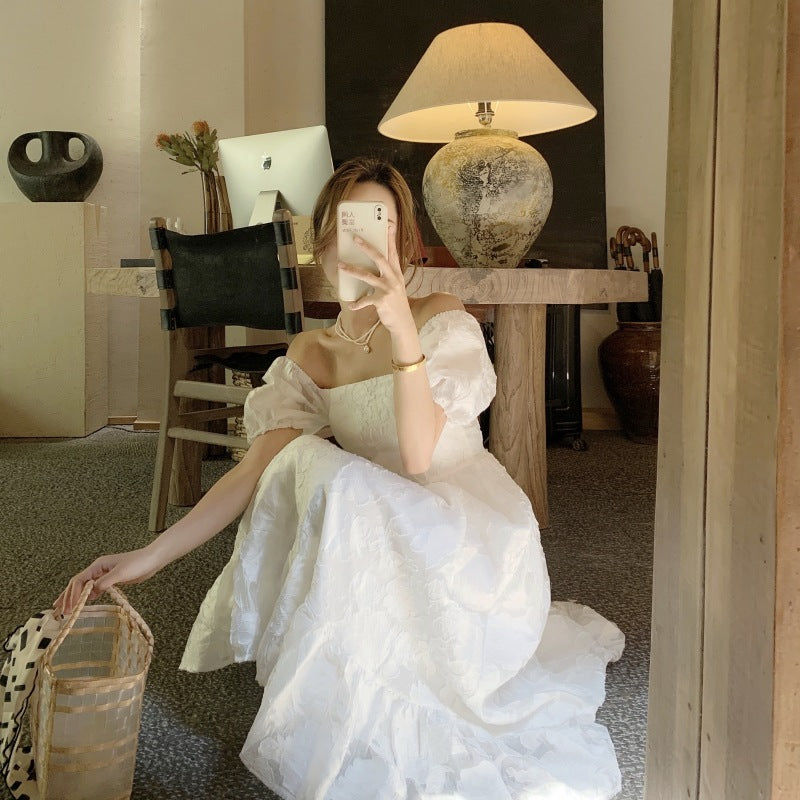 Fairy Dress French Style Temperament White Dress Women's Summer Retro Gentle Style Jacquard Puff Sleeve