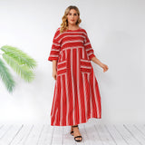 Women Plus Size Maxi Dresses Spring/Summer Double Pocket Red Striped Loose Casual Dress