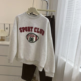 Diana Harvard Sweatshirt Vintage Towel Embroidery Fleece-Lined Crew Neck Sweater Pullover Top