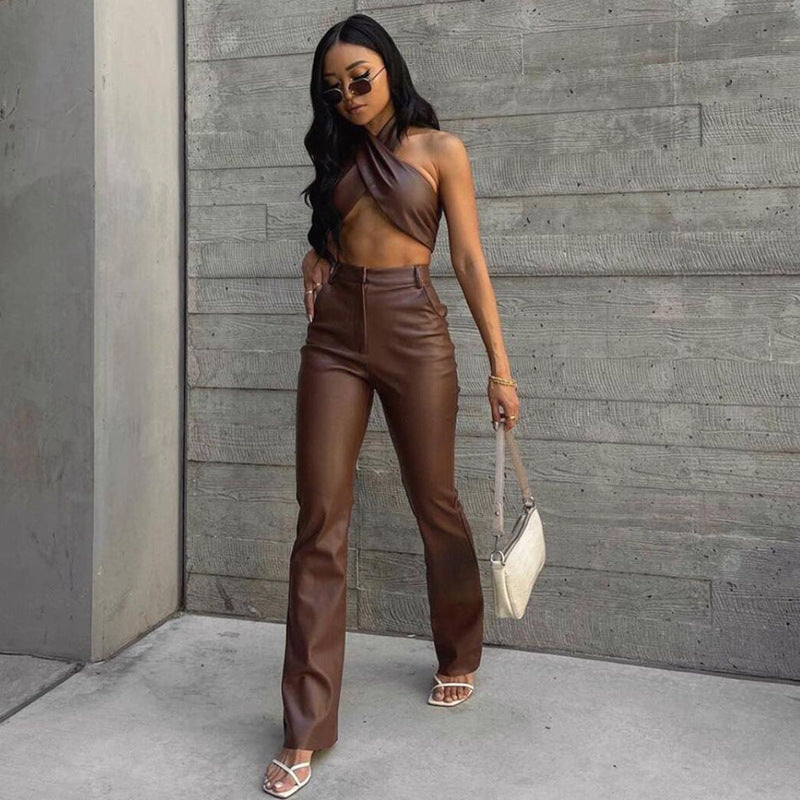 Women Top & Pant 2 Piece Set Autumn Sexy Backless Underwaist Slim-Fit Straight Trousers Suit