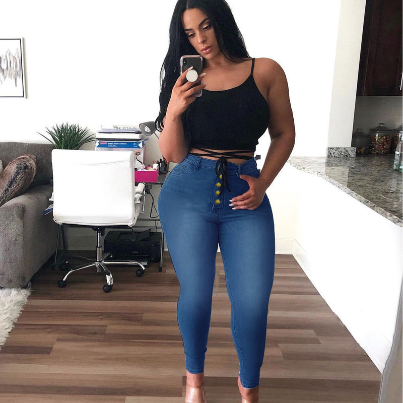 Women Plus Size Jeans High Waist Slim Denim Skinny Pants