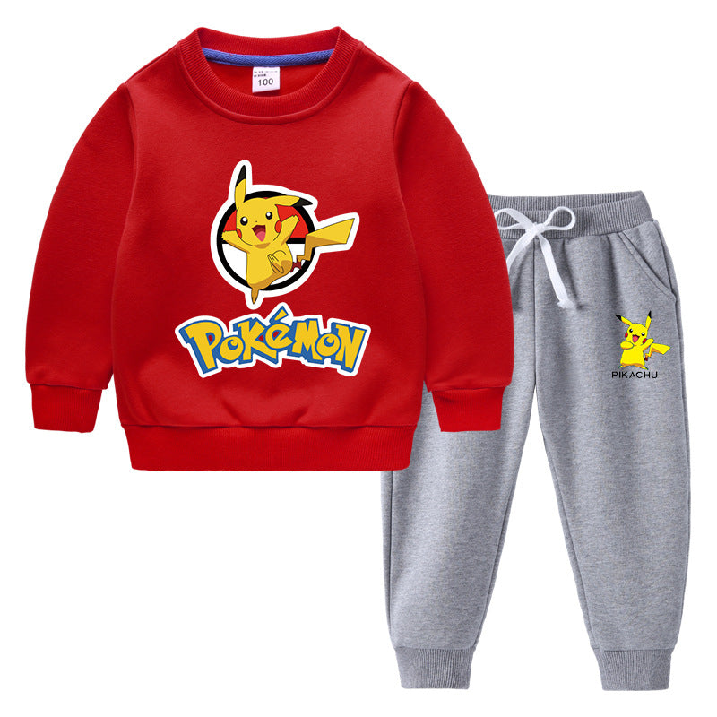 Children Pokemon Pikachu Hoodie & Pant Set Fleece Lined Padded Warm Keeping Winter Clothes Sweatershirt Suit