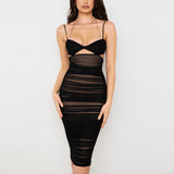 Women Summer Dresses Midi Dress Sexy Mesh Hollow-out Pleated Backless Midi Dress