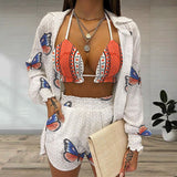 Women Pants Suit Women's Summer Casual Suit Butterfly Printed Three-Piece Set