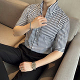 Men Shirts V-neck Striped Half Sleeve Shirt