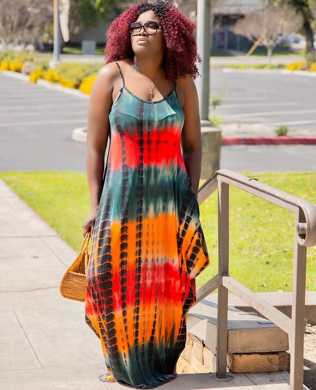 Women Plus Size Maxi Dresses Summer Loose Tie-Dye Sleeveless Strap Dress