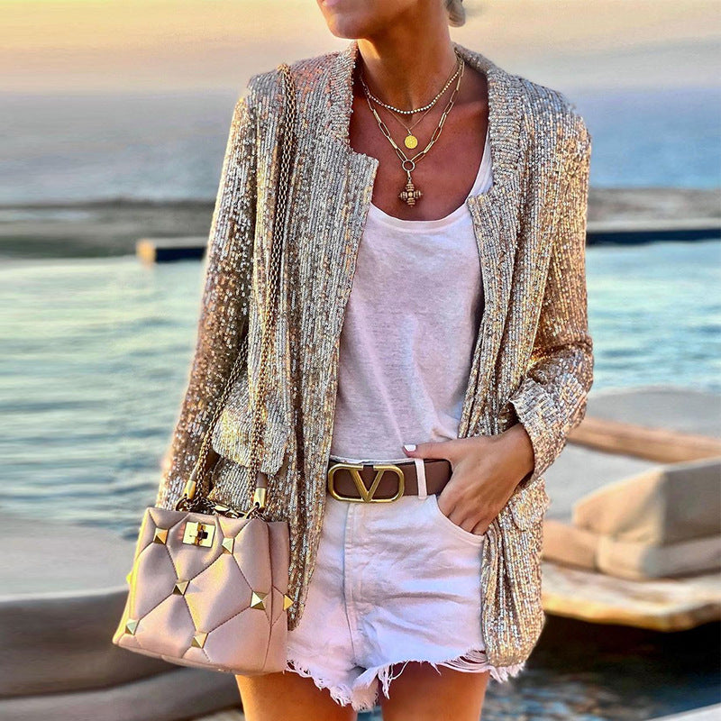 Women Bohemian Shirts Women's Winter Sequin Cardigan Top