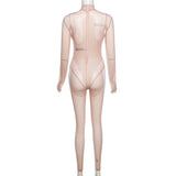Fall Women's Clothing Sexy Mesh See-through Printed High Waist Tight Casual Sports Jumpsuit