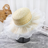 Straw Hat Pearl Mesh Straw Hat Flat Top Hat