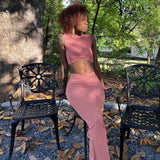 Women Top & Skirt 2 Piece Set Summer round Neck Midriff-Baring T-shirt Sheath Skirt Suit