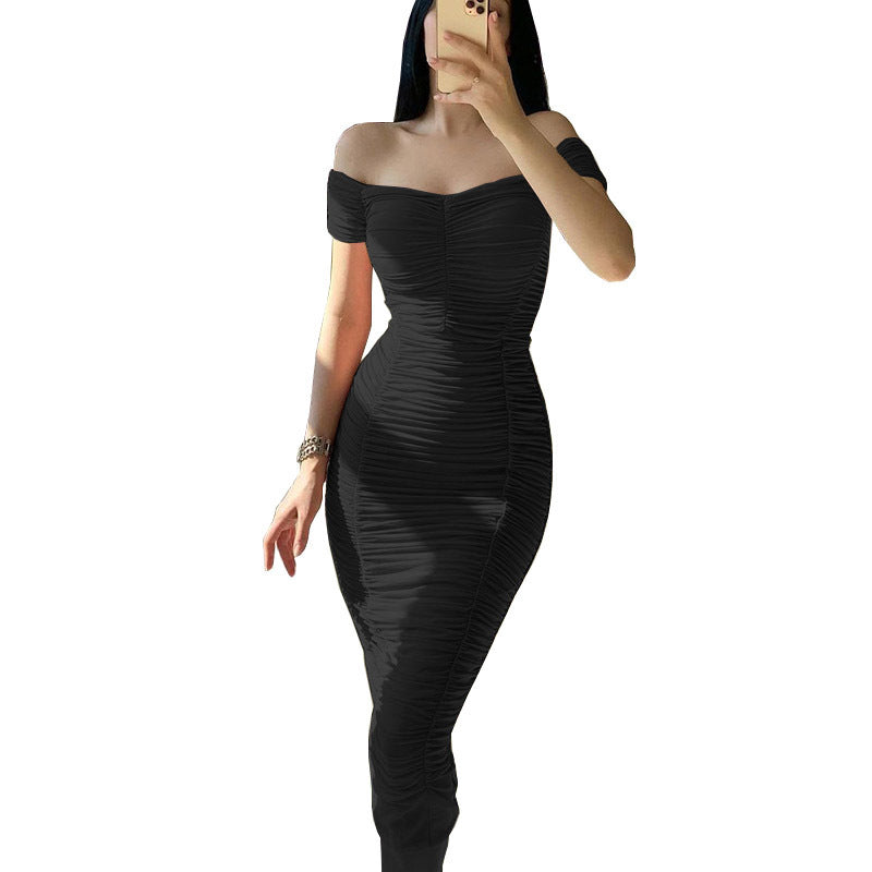 Nina Parker Dresses Elegant Elegant Dress Solid Color Pleated Slim Dress