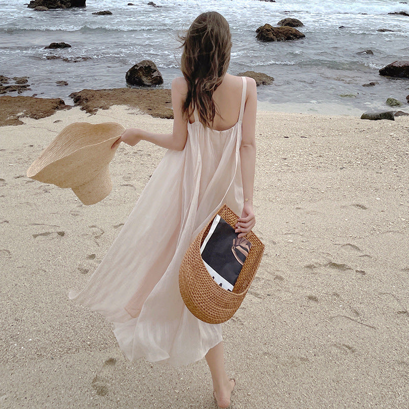 Fairy Dress Summer Strap Fairy Dress French Style V-neck Backless Beach Dress