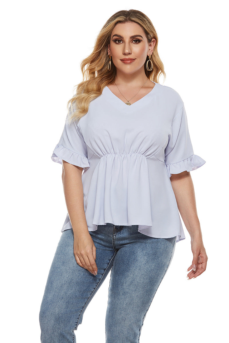Women Plus Size Tops Spring/Summer V-neck Waist Trimming Shirt