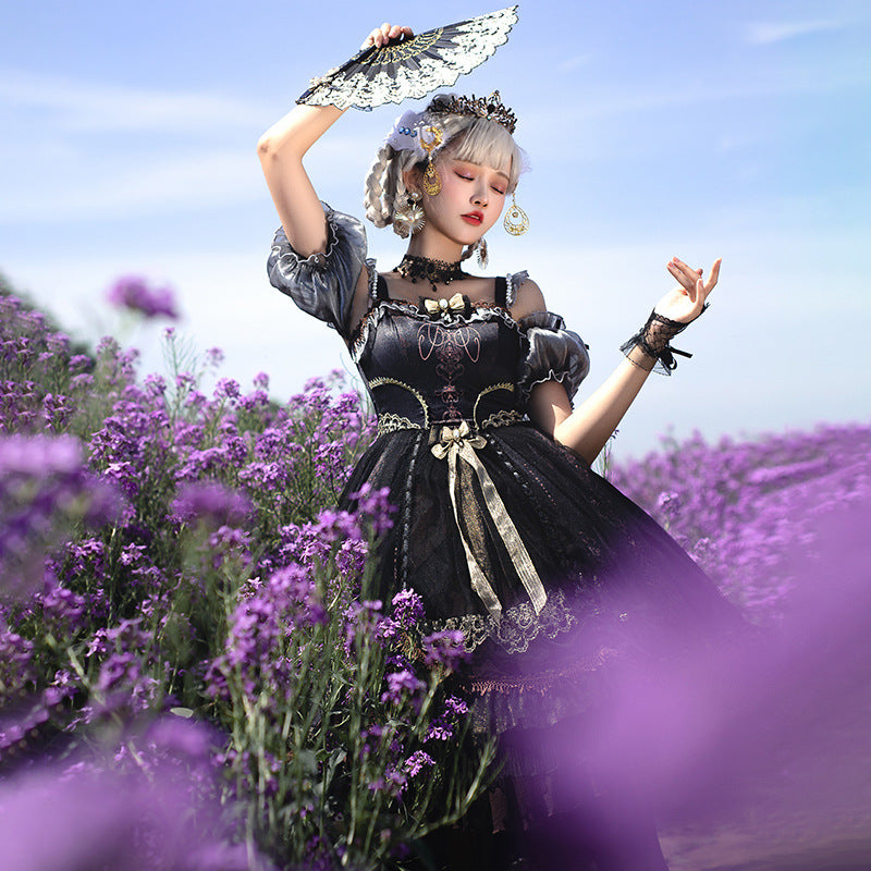 Gothic Lolita Harajuku Style Clothing Girl Lolita Skirt Summer JSK Dark Vintage Black Gold Dress