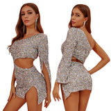 Nina Parker Dresses Sexy Waist Hollow-out Oblique Shoulder Asymmetric Single Sleeve Split Sheath Sequins Dress