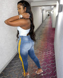 Women Plus Size Jeans High Waist Slim-Fitting Patchwork Tassel Trousers