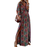 Women Bohemian Dress Women's Spring and Summer Print V-neck Split Dress