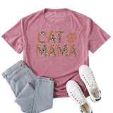 Boy Mama T Shirts Cat Mama Leopard Print Letter Print T-shirt
