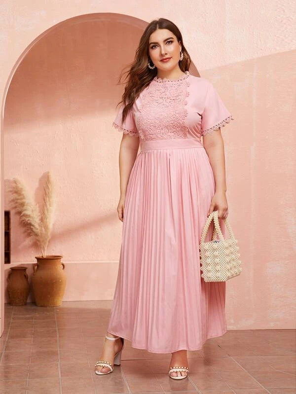 Women Plus Size Maxi Dresses Lace Patchwork Waist-Slimming Short Sleeve Dress