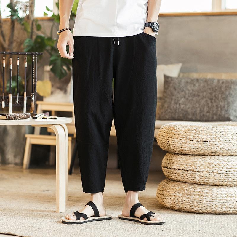 Linen Pants Straight Leg Pants Drawstring Lightweight Elastic Beach Pants Summer Solid Color Men's Retro Loose plus Size Casual Pants
