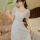 Women cottagecore Dress Summer Retro White Square-Cut Collar Dress