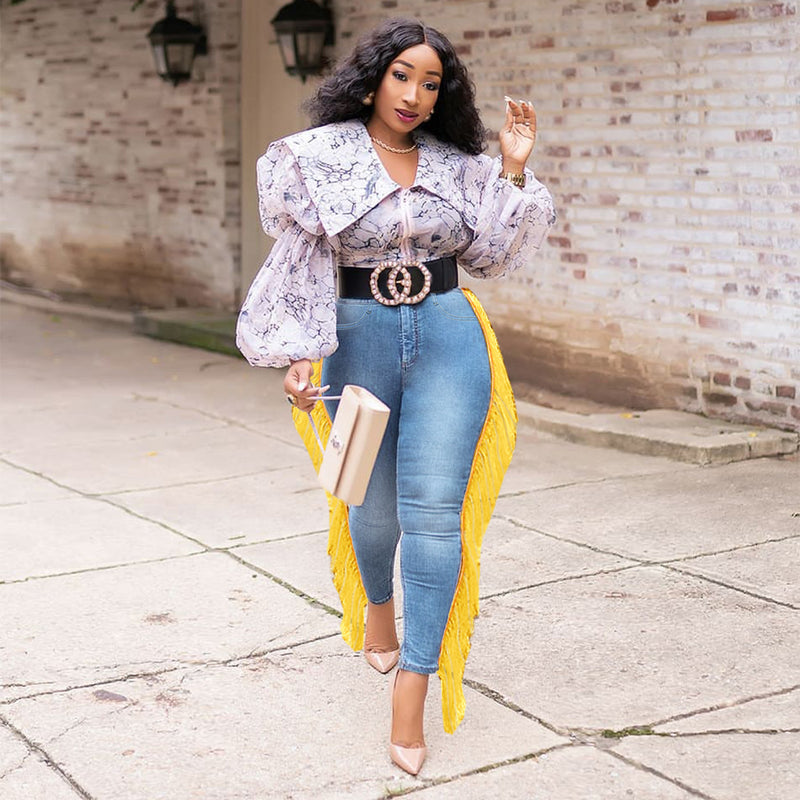 Women Plus Size Jeans High Waist Slim Tassel Denim Skinny Pants