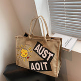 The Teacher Tote Smiley Face Canvas Big Bag Fashion Handbags Shoulder Bag Large Capacity Casual Tote Bag